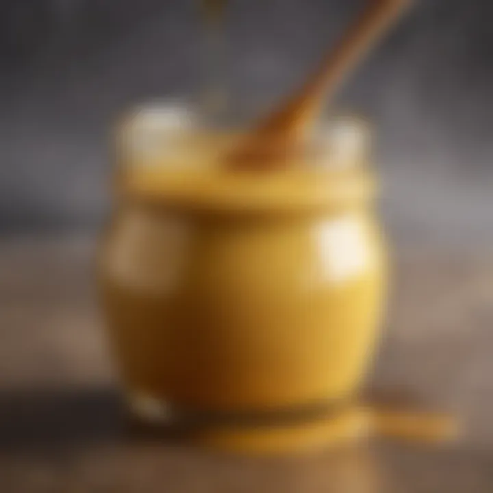 A close-up of a jar filled with creamy honey mustard, showcasing its glossy texture.