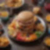 A colorful plate with an assortment of junk food alongside healthy snacks.