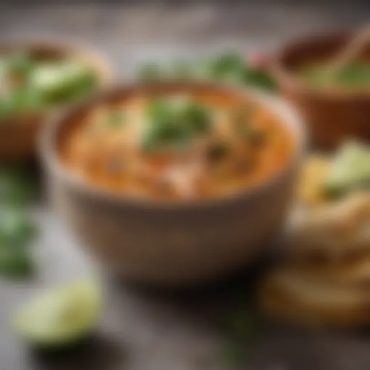 A vibrant bowl of chicken enchilada soup garnished with cilantro and lime