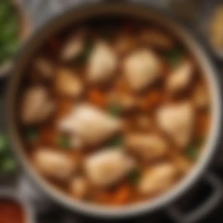 A close-up of the broth with spices and chicken pieces simmering in a pot