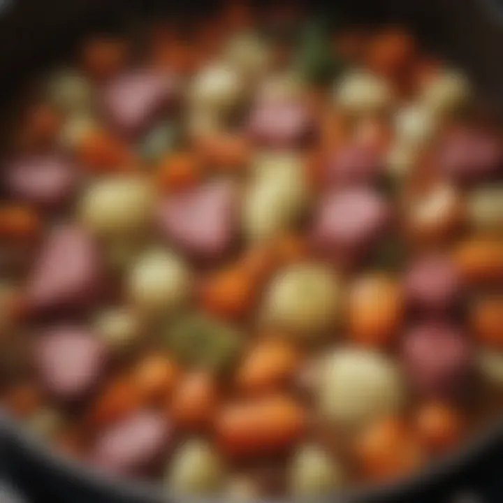 A pot filled with hearty vegetables, simmering with spices