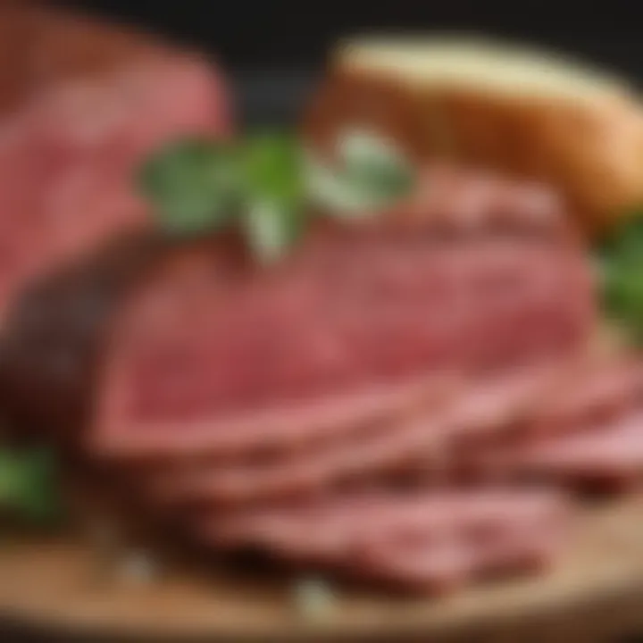 Close-up of tender corned beef slices garnished with fresh herbs