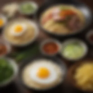 Ingredients for making ramen, including fresh noodles, broth, and toppings like eggs and green onions.