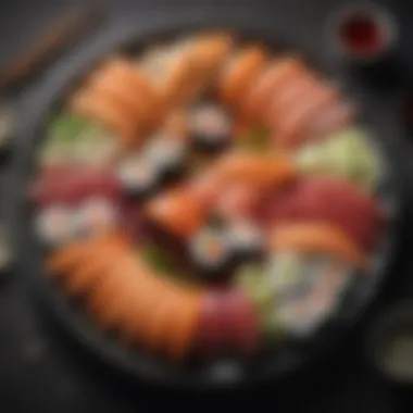 Sushi Platter Presentation A beautifully arranged sushi platter showcasing a variety of rolls and sashimi.