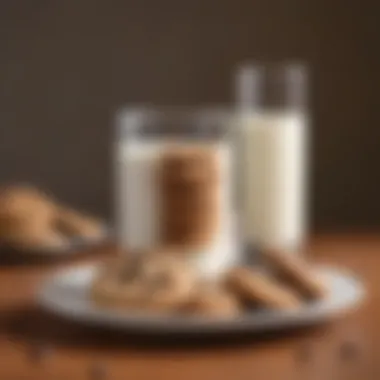 A plate of soft chocolate chip cookies with a glass of milk