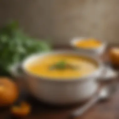 A pot bubbling with creamy squash soup garnished with herbs