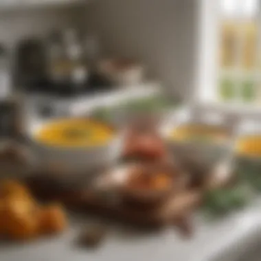 A selection of spices and herbs next to squash on a kitchen countertop