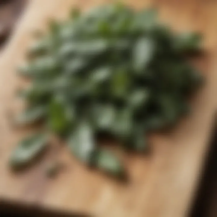 Dried basil leaves arranged on a wooden board