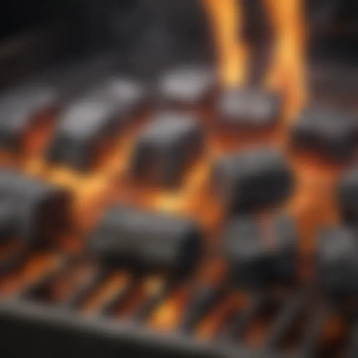 A close-up of charcoal briquettes igniting within a grill, highlighting the grilling process.