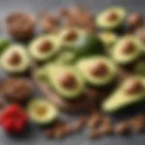 A vibrant assortment of heart-healthy foods including avocados and nuts