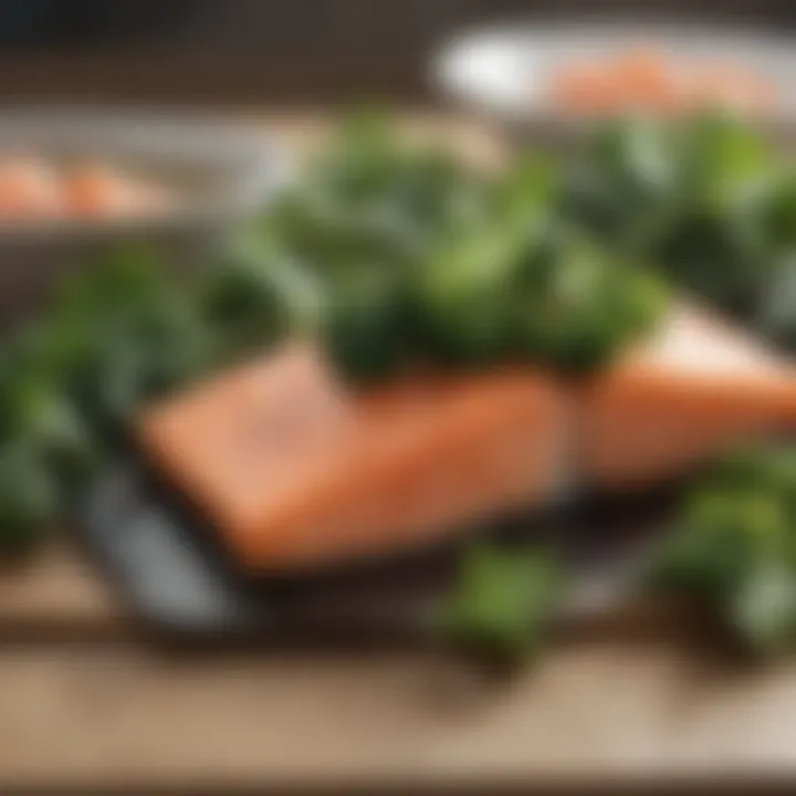 A close-up of nutrient-rich foods like salmon and leafy greens