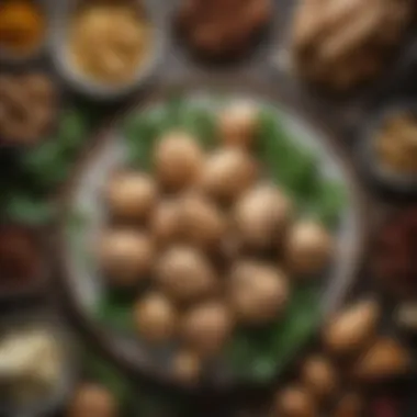 Assorted Ingredients Featuring Jerusalem Artichoke Bulbs An assortment of fresh Jerusalem artichoke bulbs alongside complementary herbs and spices