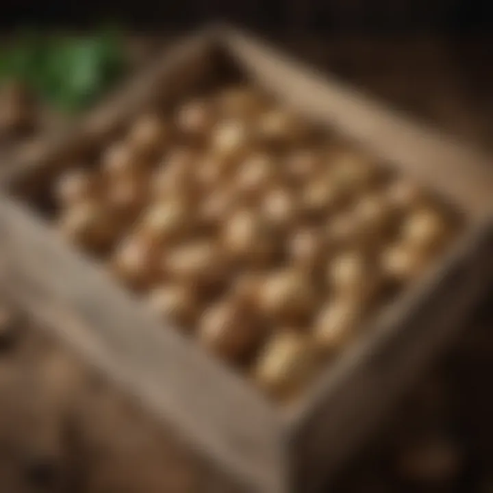A rustic wooden crate filled with freshly harvested potatoes in natural light