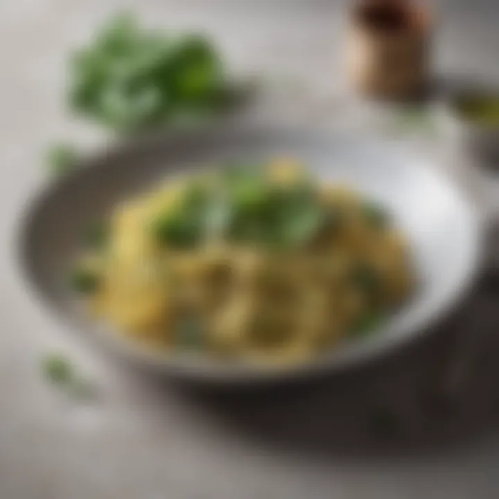 Elegant spinach pasta dish garnished with herbs