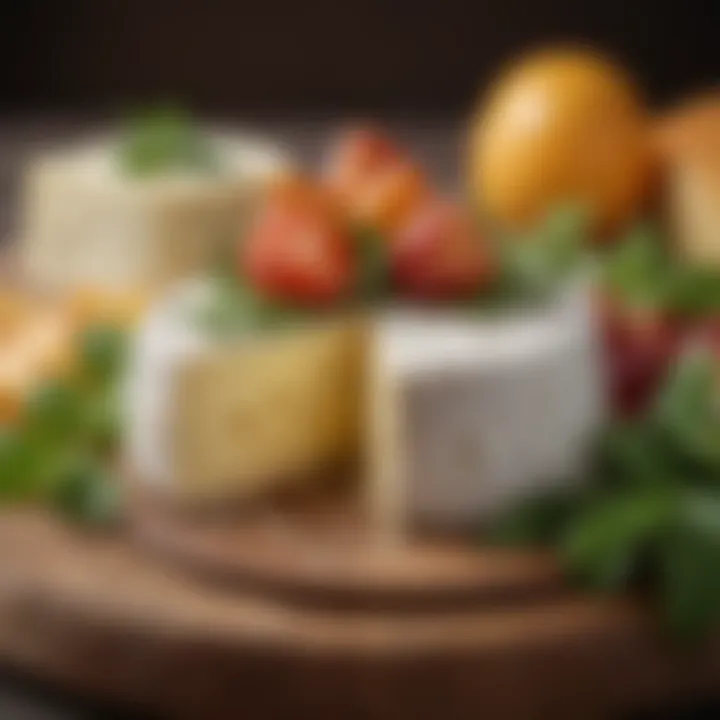 A close-up of farm cheese with fresh herbs and fruits for pairing