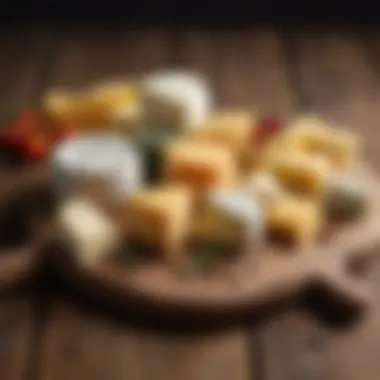 Diverse Farm Cheese Selection An array of farm cheese varieties displayed on a rustic wooden board