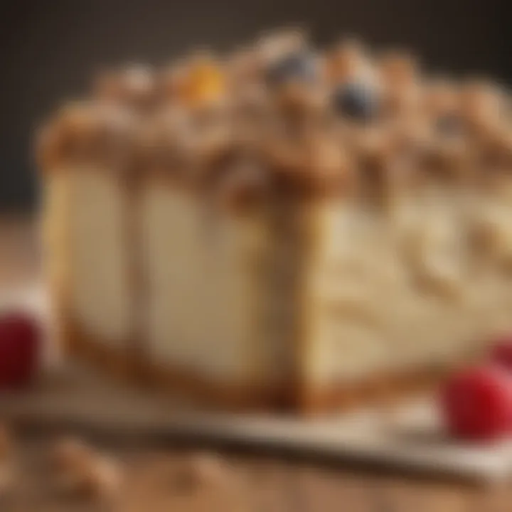 An artistic close-up of a decadent crumb cake slice with rich toppings