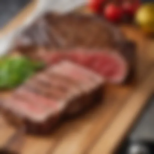 A beautifully marbled Kansas City Strip steak on a cutting board