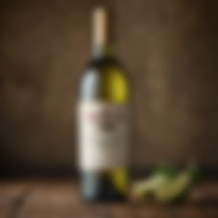 A close-up view of a bottle of Kirkland Sauvignon Blanc against a rustic background.