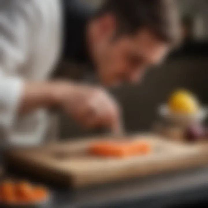 A person sharpening a knife using a whetstone with focused concentration