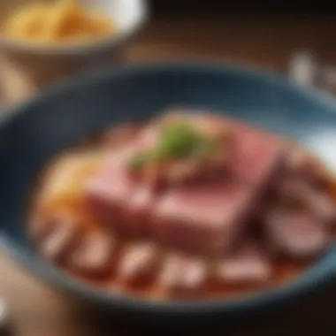 Traditional Dish Featuring Korean Tuna Close-up of a traditional Korean dish featuring tuna, garnished elegantly