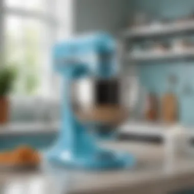 Stylish light blue Kitchen Aid mixer in a vibrant kitchen setting