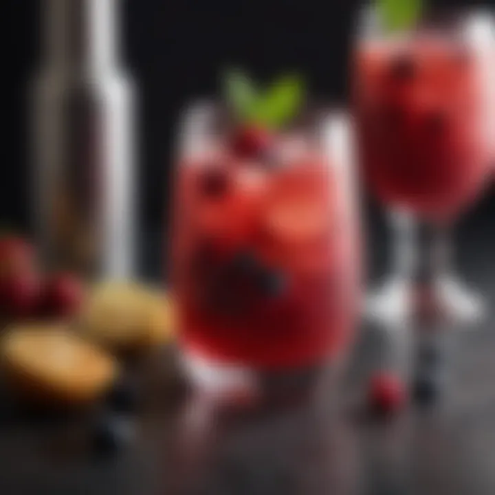 A vibrant low calorie berry cocktail with fresh fruits on top