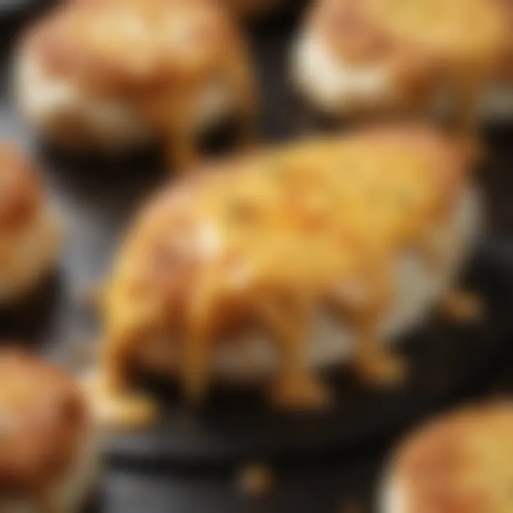 A close-up of melting cheese atop chicken cutlets