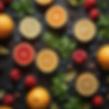 Flavor Infusion Ingredients A variety of fruits and herbs arranged artistically, ready to infuse flavors into sparkling water.