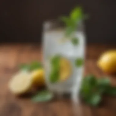 Refreshing Sparkling Drink An aesthetically pleasing glass of sparkling water with fresh mint and lemon on a wooden table.
