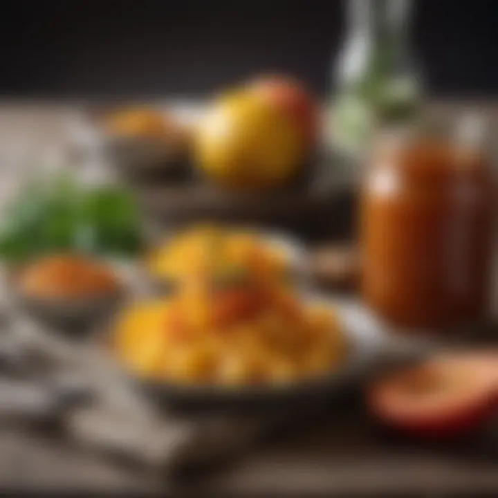An elegant spread featuring mango chutney alongside various dishes