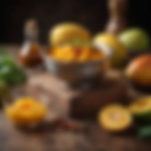 A vibrant assortment of fresh mangoes and spices used in chutney-making