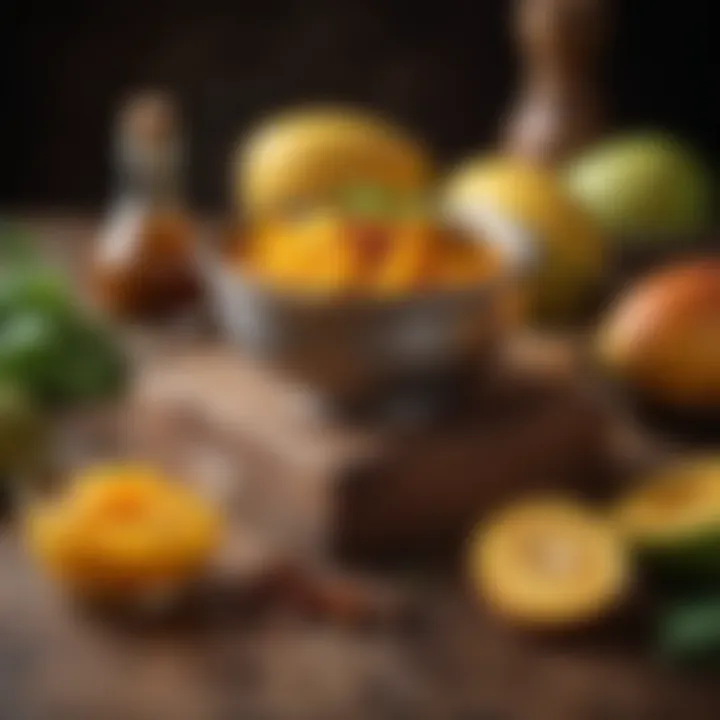 A vibrant assortment of fresh mangoes and spices used in chutney-making