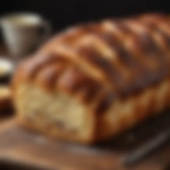 A freshly baked babka bread, golden brown with a glossy finish, invitingly placed on a rustic wooden table.