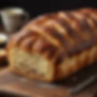 Golden Brown Freshly Baked Babka Bread A freshly baked babka bread, golden brown with a glossy finish, invitingly placed on a rustic wooden table.