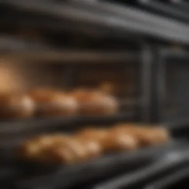Inside the Convection Oven with Bread Baking An open convection oven with bread baking on the rack