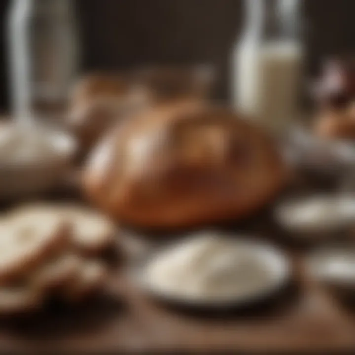 Ingredients laid out for baking including flour, yeast, and water