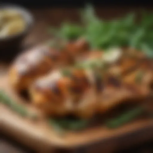 Sliced grilled chicken on a wooden board with herbs