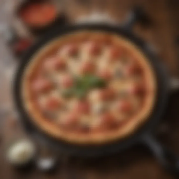 A perfectly baked pizza on a cast iron skillet