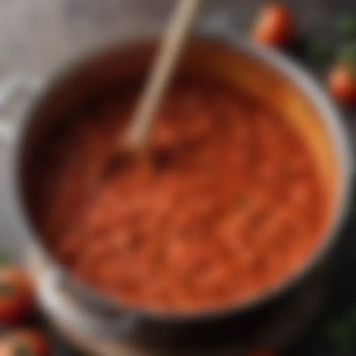 Close-up of simmering Prego tomato sauce in a pot