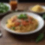 A bowl of spaghetti adorned with fresh basil and Prego sauce