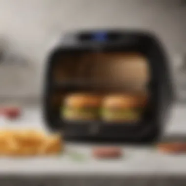 An air fryer displaying hamburgers sizzling, demonstrating the cooking technique in action.