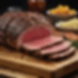 A beautifully marbled prime rib roast on a wooden cutting board.