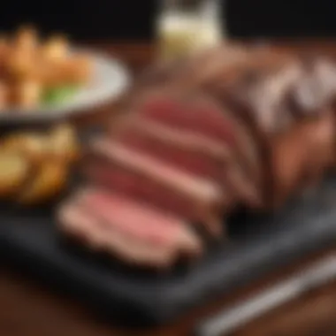 A sliced prime rib roast displaying juicy, tender meat.
