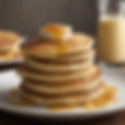 A close-up of freshly made fluffy pancakes stacked on a plate