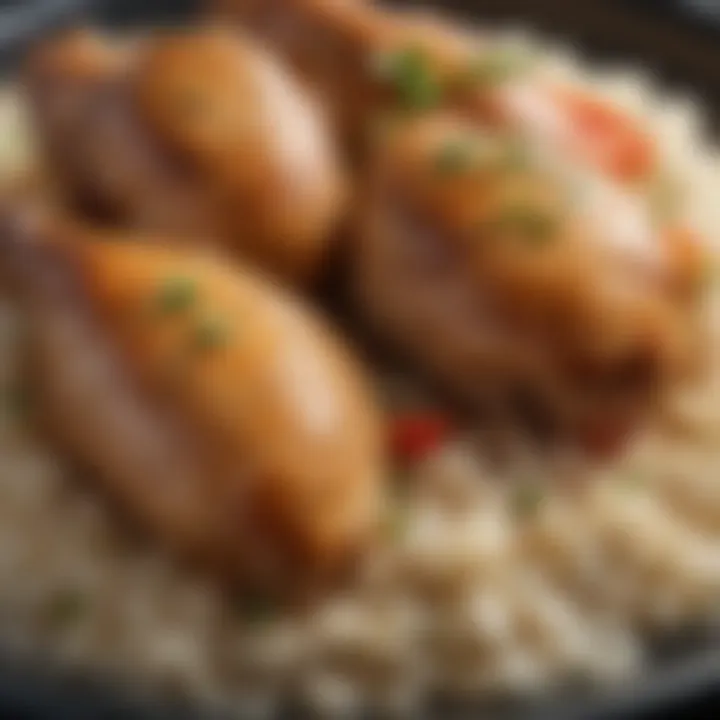 A close-up of the finished chicken and rice, highlighting texture and color