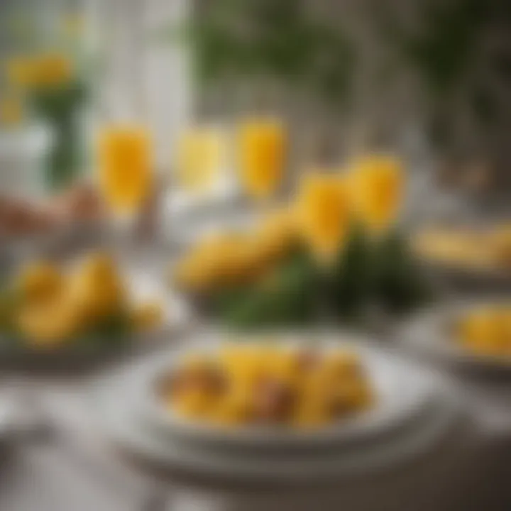 An elegant table setting featuring mimosas and gourmet brunch dishes