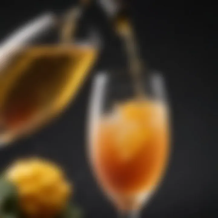 A close-up of sparkling wine bubbling into a glass alongside juice