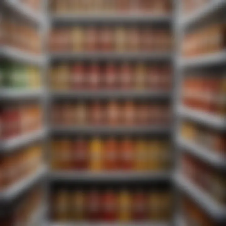 Colorful condiments neatly arranged in a fridge door