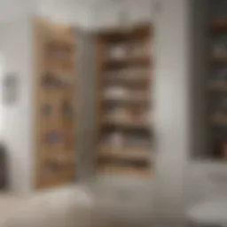 Stylish tall shallow pantry cabinet with open shelves